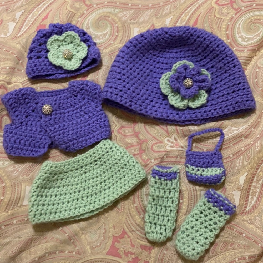 Girl and doll matching hat set with doll accessories, handmade.